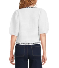 A Loves A Wool Blend Knit Trim Contrast Scoop Neck 3/4 Puff Sleeve Button Front Crop Cardigan