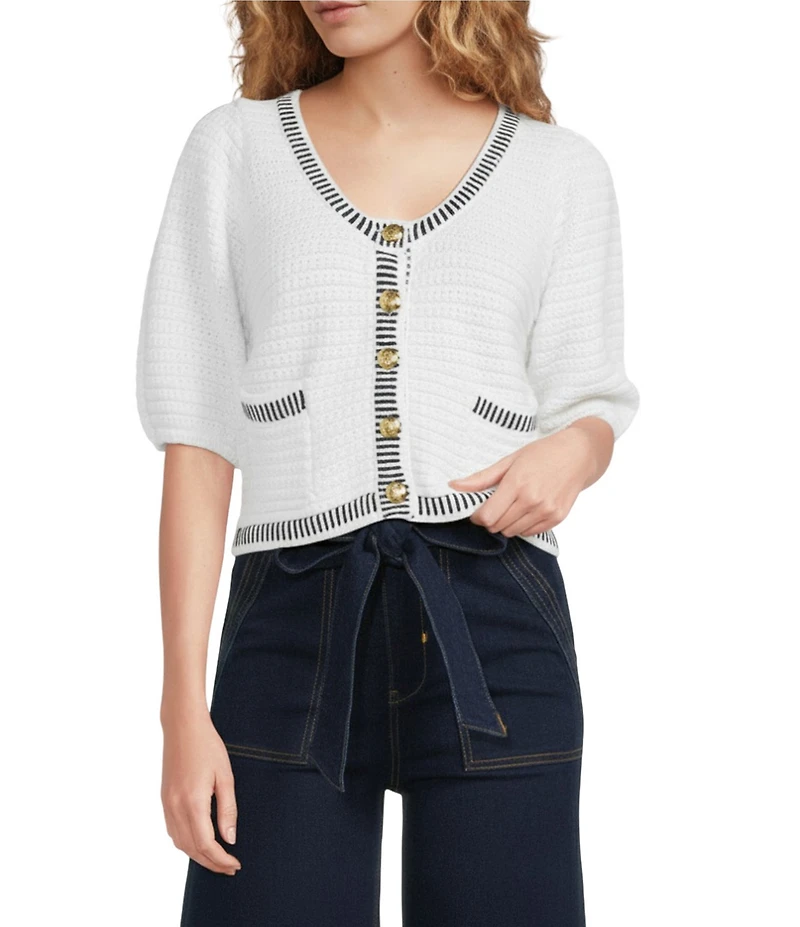 A Loves A Wool Blend Knit Trim Contrast Scoop Neck 3/4 Puff Sleeve Button Front Crop Cardigan