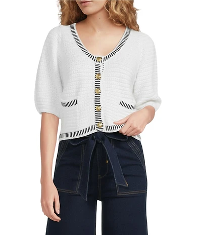A Loves A Wool Blend Knit Trim Contrast Scoop Neck 3/4 Puff Sleeve Button Front Crop Cardigan