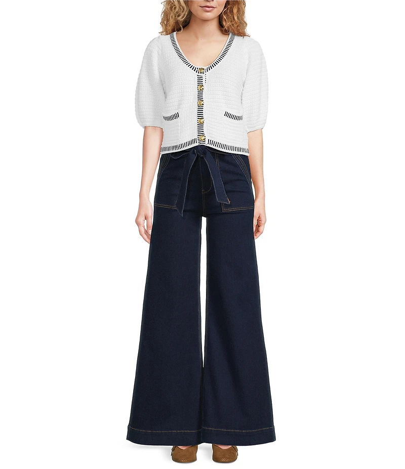 A Loves A Wool Blend Knit Trim Contrast Scoop Neck 3/4 Puff Sleeve Button Front Crop Cardigan