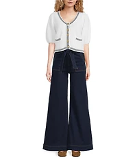 A Loves A Wool Blend Knit Trim Contrast Scoop Neck 3/4 Puff Sleeve Button Front Crop Cardigan