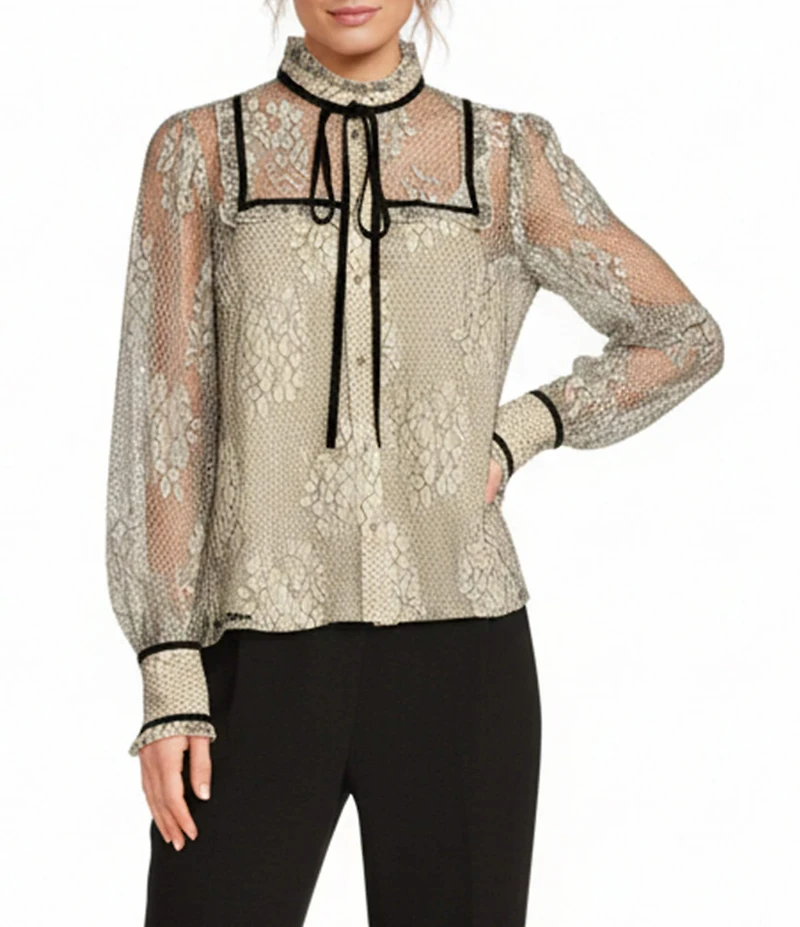 A Loves A Woven Chantilly Lace Velvet Trim Tie Neck Banded Collar Long Balloon Sleeve Jeweled Button Front Blouse