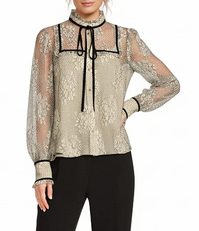 A Loves A Woven Chantilly Lace Velvet Trim Tie Neck Banded Collar Long Balloon Sleeve Jeweled Button Front Blouse
