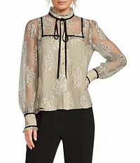 A Loves A Woven Chantilly Lace Velvet Trim Tie Neck Banded Collar Long Balloon Sleeve Jeweled Button Front Blouse