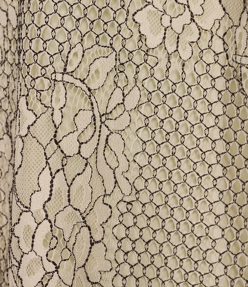 A Loves A Woven Chantilly Lace Velvet Trim Tie Neck Banded Collar Long Balloon Sleeve Jeweled Button Front Blouse