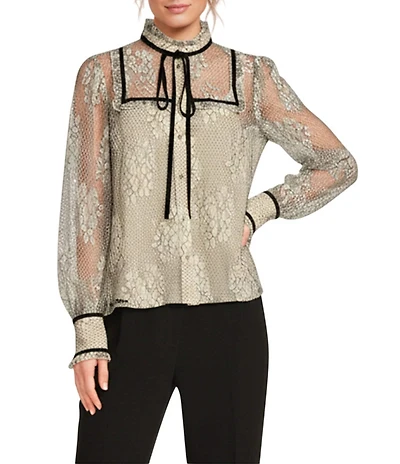 A Loves A Woven Chantilly Lace Velvet Trim Tie Neck Banded Collar Long Balloon Sleeve Jeweled Button Front Blouse