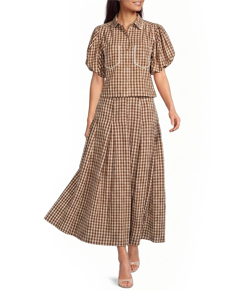 A Loves A Woven Checker Gingham Print High-Rise Coordinating Midi Skirt