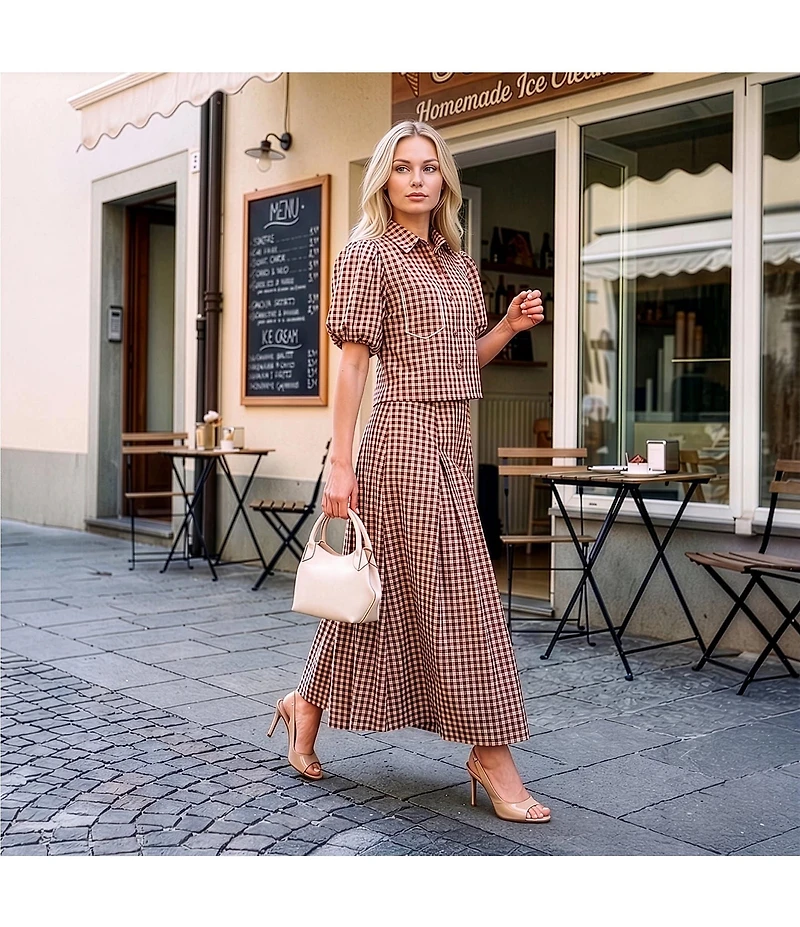 A Loves A Woven Checker Gingham Print High-Rise Coordinating Midi Skirt