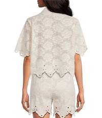 A Loves A Woven Embroidered Lace Notch Lapel Button Front Short Sleeve Scallop Trim Coordinating Shirt