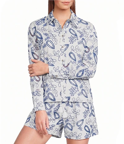 A Loves A Woven Embroidered Print Collared Neck Long Sleeve Button Front Coordinating Shirt