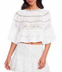 A Loves A Woven Embroidered Round Neck Bell Sleeve Circular Hem Top