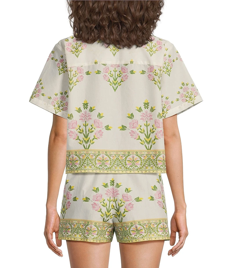 A Loves A Woven Floral Notch Lapel Button Front Short Sleeve Cropped Coordinating Camp Shirt