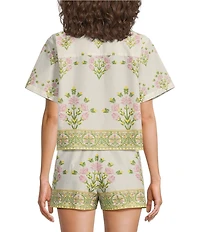 A Loves A Woven Floral Notch Lapel Button Front Short Sleeve Cropped Coordinating Camp Shirt