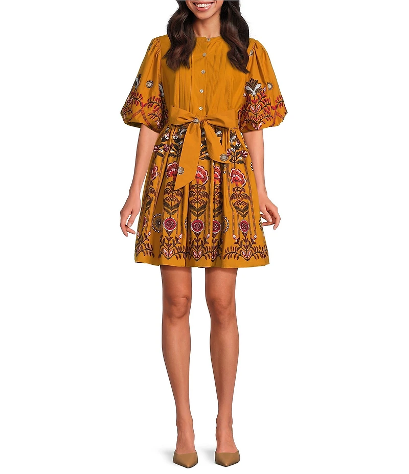A Loves A Woven Floral Print Crew Neck 3/4 Puff Sleeve Button Front Tie At Waist A-Line Flounce Mini Dress
