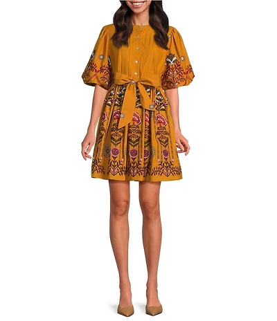 A Loves A Woven Floral Print Crew Neck 3/4 Puff Sleeve Button Front Tie At Waist A-Line Flounce Mini Dress