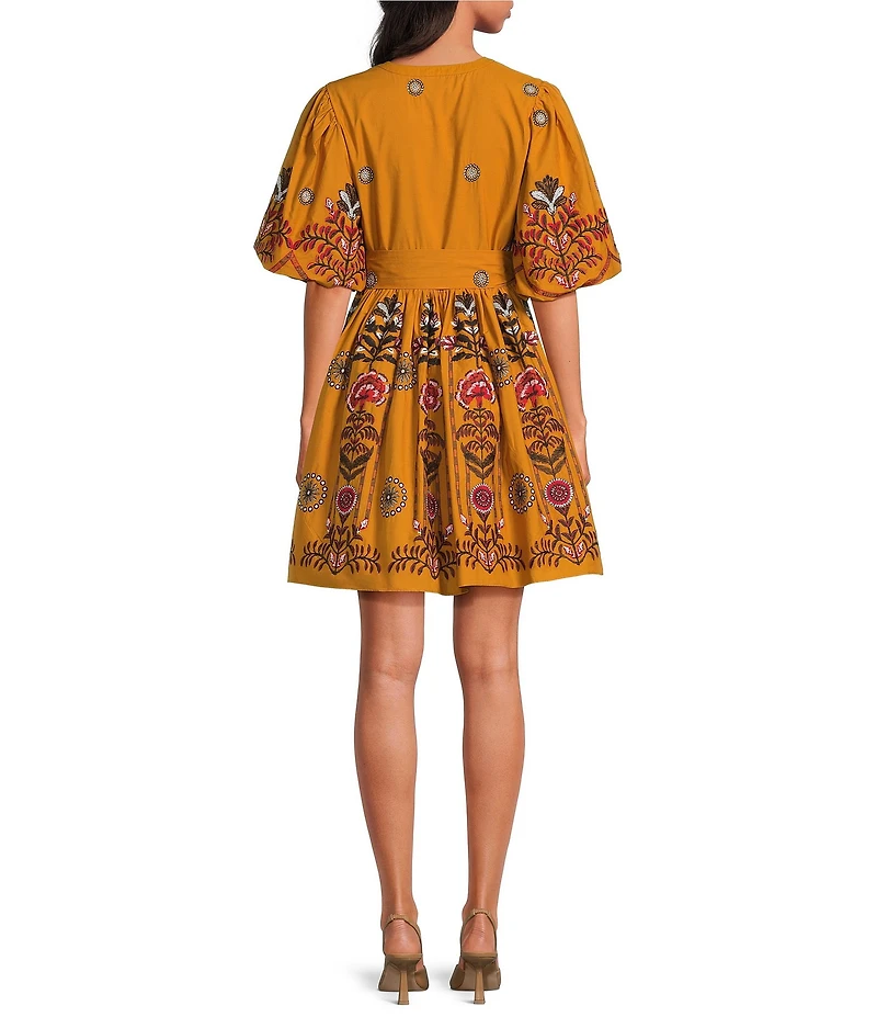 A Loves A Woven Floral Print Crew Neck 3/4 Puff Sleeve Button Front Tie At Waist A-Line Flounce Mini Dress