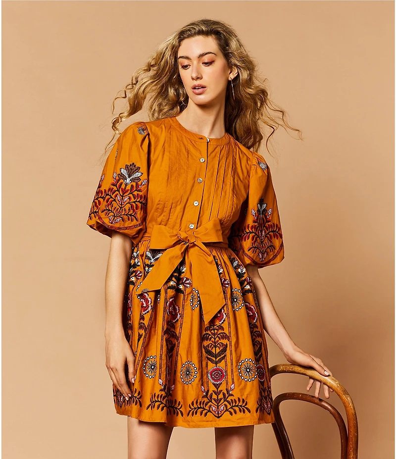 A Loves A Woven Floral Print Crew Neck 3/4 Puff Sleeve Button Front Tie At Waist A-Line Flounce Mini Dress