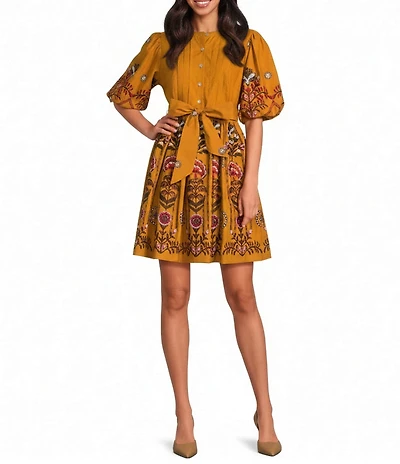 A Loves A Woven Floral Print Crew Neck 3/4 Puff Sleeve Button Front Tie At Waist A-Line Flounce Mini Dress