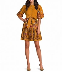 A Loves A Woven Floral Print Crew Neck 3/4 Puff Sleeve Button Front Tie At Waist A-Line Flounce Mini Dress