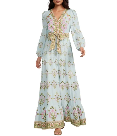 A Loves A Woven Floral Print Deep V-Neck Long Bubble Sleeve Tiered A-Line Flounce Maxi Dress