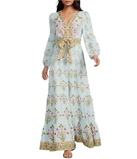 A Loves A Woven Floral Print Deep V-Neck Long Bubble Sleeve Tiered A-Line Flounce Maxi Dress