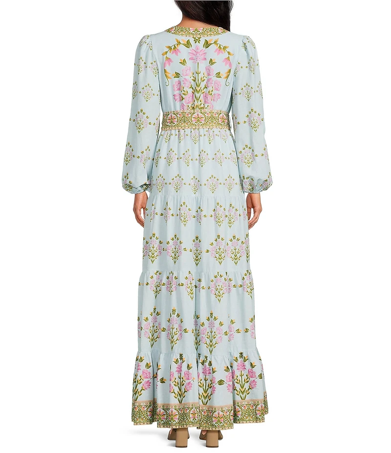 A Loves A Woven Floral Print Deep V-Neck Long Bubble Sleeve Tiered A-Line Flounce Maxi Dress