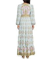 A Loves A Woven Floral Print Deep V-Neck Long Bubble Sleeve Tiered A-Line Flounce Maxi Dress