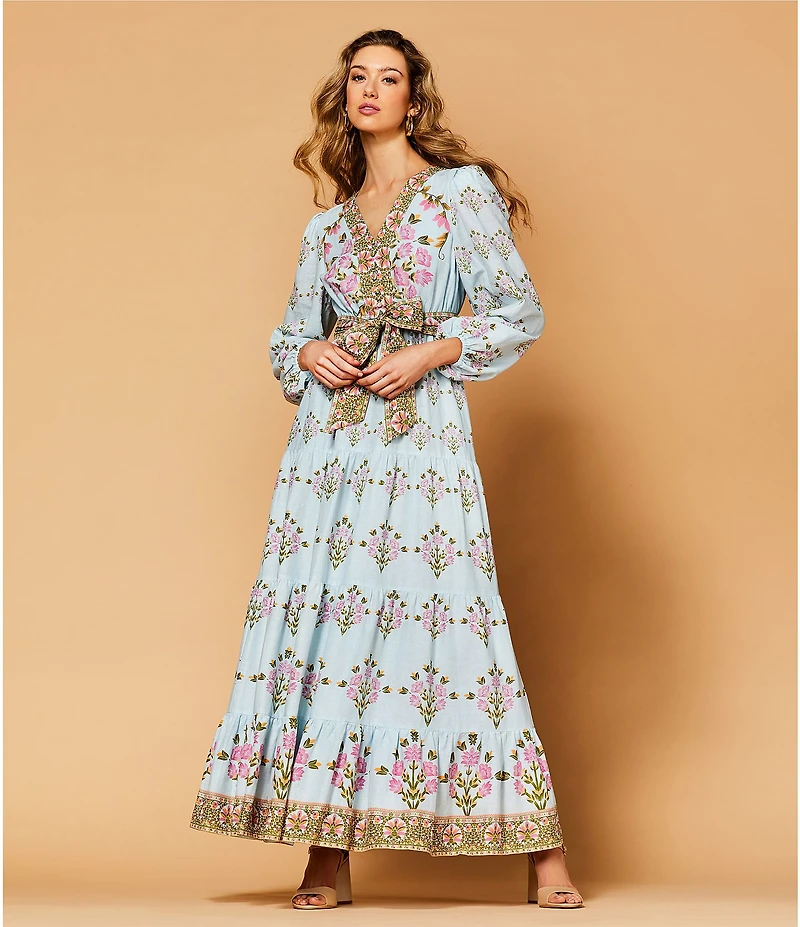 A Loves A Woven Floral Print Deep V-Neck Long Bubble Sleeve Tiered A-Line Flounce Maxi Dress
