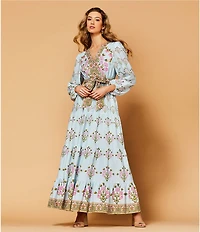 A Loves A Woven Floral Print Deep V-Neck Long Bubble Sleeve Tiered A-Line Flounce Maxi Dress