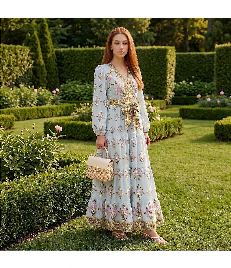 A Loves A Woven Floral Print Deep V-Neck Long Bubble Sleeve Tiered A-Line Flounce Maxi Dress