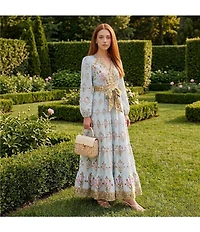 A Loves A Woven Floral Print Deep V-Neck Long Bubble Sleeve Tiered A-Line Flounce Maxi Dress