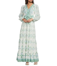 A Loves A Woven Floral Print Deep V-Neck Long Bubble Sleeve Tiered A-Line Flounce Maxi Dress