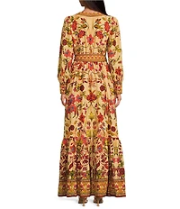 A Loves A Woven Floral Print Deep V-Neck Long Bubble Sleeve Tiered A-Line Flounce Maxi Dress