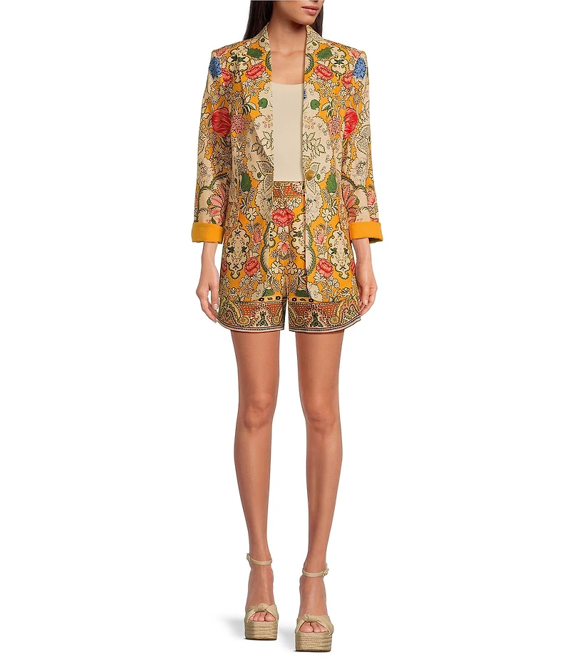 A Loves A Woven Floral Print Linen Blend High Rise Pleated Front Trouser Coordinating Shorts