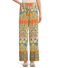 A Loves A Woven Floral Print High Rise Smocked Waist Tassel Tie Wide Leg Coordinating Pants