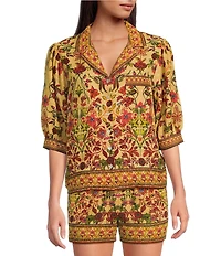 A Loves A Woven Floral Print Notch Lapel 3/4 Bubble Sleeve Button Front Coordinating Camp Shirt