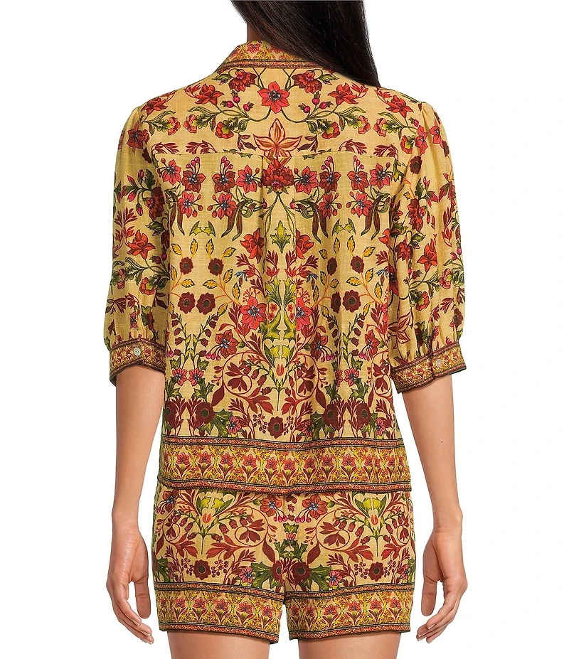 A Loves A Woven Floral Print Notch Lapel 3/4 Bubble Sleeve Button Front Coordinating Camp Shirt