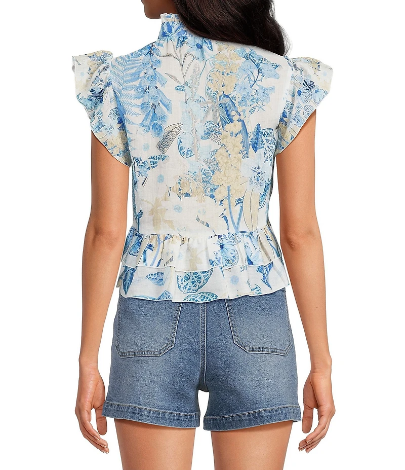 A Loves A Woven Floral Print Ruffle Collar Split V-Neck Flutter Cap Sleeve Cropped Blouse
