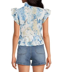 A Loves A Woven Floral Print Ruffle Collar Split V-Neck Flutter Cap Sleeve Cropped Blouse