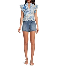 A Loves A Woven Floral Print Ruffle Collar Split V-Neck Flutter Cap Sleeve Cropped Blouse