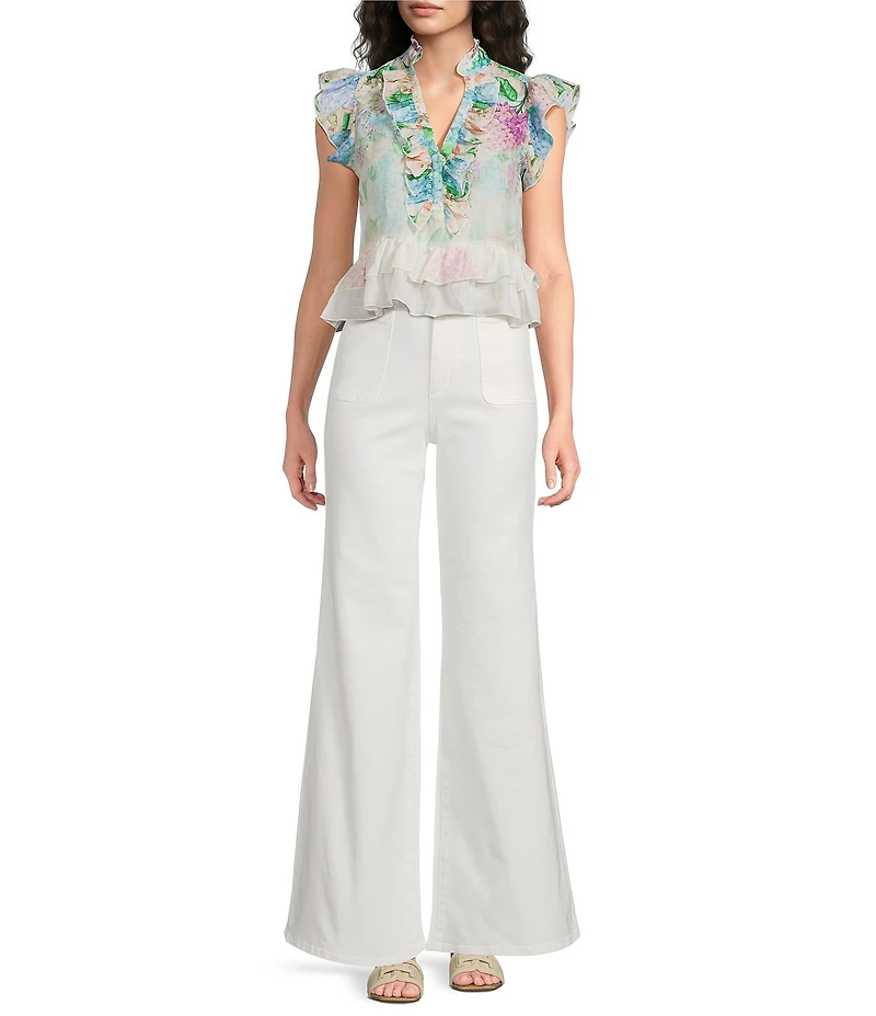 A Loves A Woven Floral Print Ruffle Collar Split V-Neck Flutter Cap Sleeve Cropped Blouse