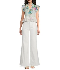 A Loves A Woven Floral Print Ruffle Collar Split V-Neck Flutter Cap Sleeve Cropped Blouse