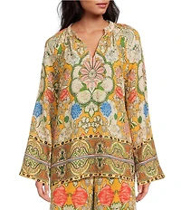 A Loves A Woven Floral Print Split Round Neck Long Bell Sleeve Coordinating Blouse