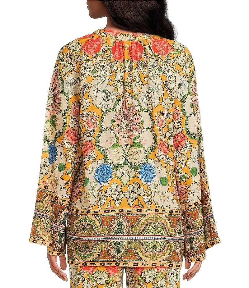 A Loves A Woven Floral Print Split Round Neck Long Bell Sleeve Coordinating Blouse