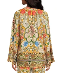 A Loves A Woven Floral Print Split Round Neck Long Bell Sleeve Coordinating Blouse