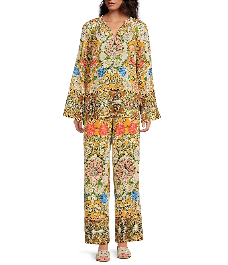 A Loves A Woven Floral Print Split Round Neck Long Bell Sleeve Coordinating Blouse