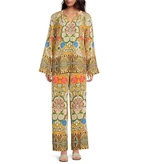 A Loves A Woven Floral Print Split Round Neck Long Bell Sleeve Coordinating Blouse