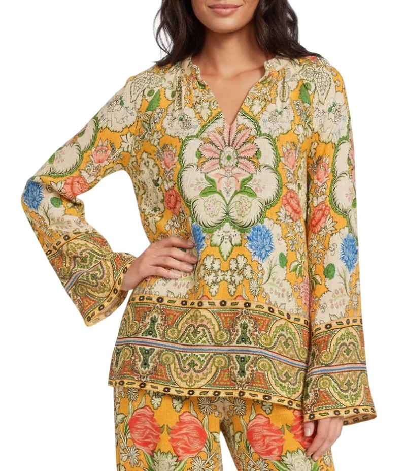 A Loves A Woven Floral Print Split Round Neck Long Bell Sleeve Coordinating Blouse