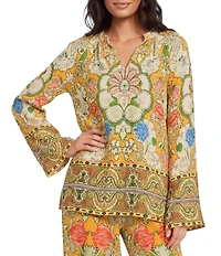 A Loves A Woven Floral Print Split Round Neck Long Bell Sleeve Coordinating Blouse