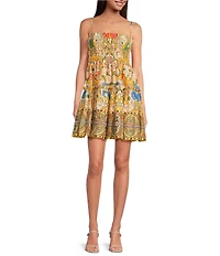 A Loves A Woven Floral Print Spaghetti Strap Smocked Tiered A-Line Babydoll Mini Dress